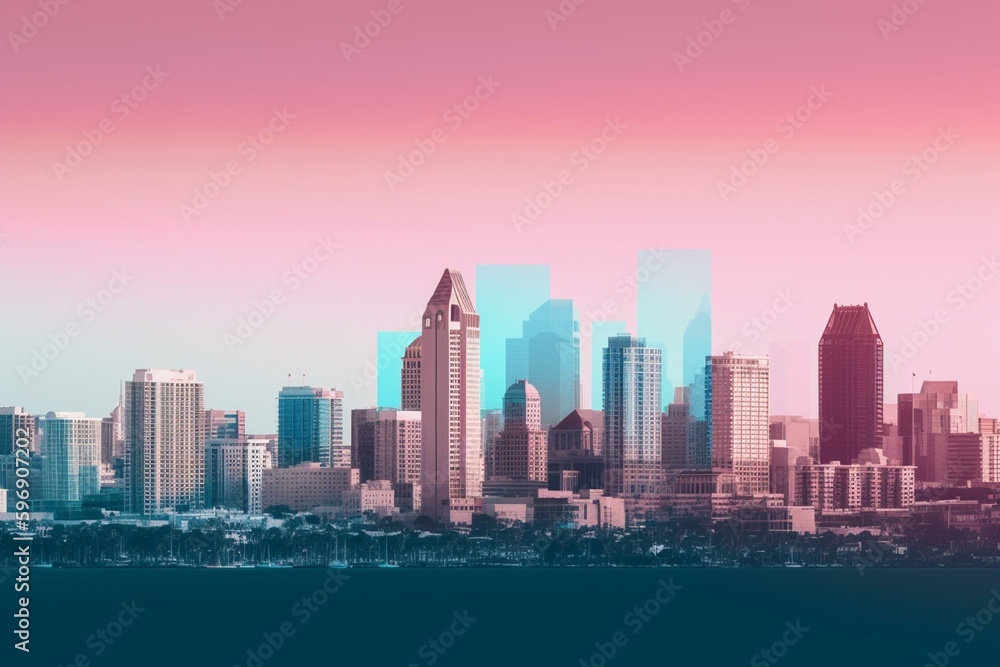 Fototapeta premium San Diego's iconic skyline is depicted with transparent layers in a gradient format, showcasing the city's landmarks. Generative AI