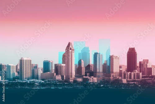 San Diego s iconic skyline is depicted with transparent layers in a gradient format  showcasing the city s landmarks. Generative AI