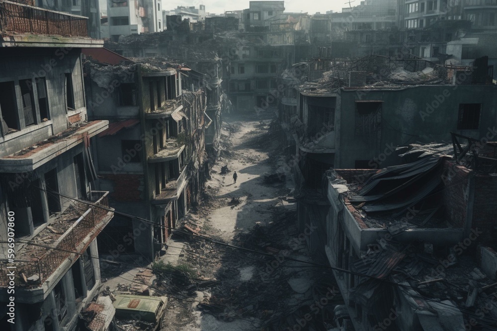 War-torn city with destroyed buildings. Generative AI