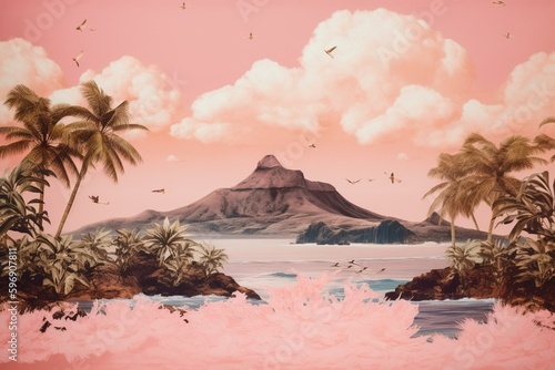Hawaiian print with island scenes on pink background, repeating. Generative AI photo