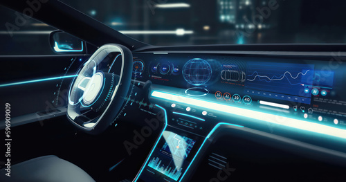 autonomous futuristic car dashboard concept with HUD and hologram screens and infotainment system as wide banner - Generative AI © sizsus