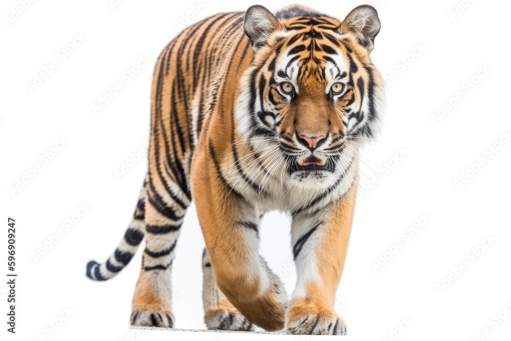 majestic tiger walking on a blank white background. Generative AI