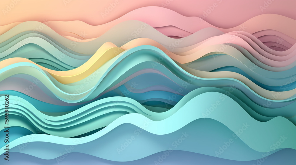 Pastel colored Paper art cartoon of ocean and island. Modern Origami. 3d paper layers. Generative ai