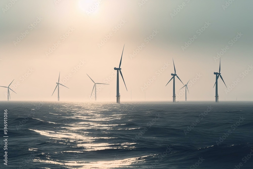 Offshore wind turbines generate sustainable electricity on a hazy afternoon. Generative AI