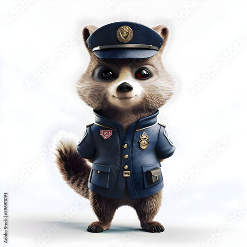 raccoon in a police uniform. 3D illustration. White background.