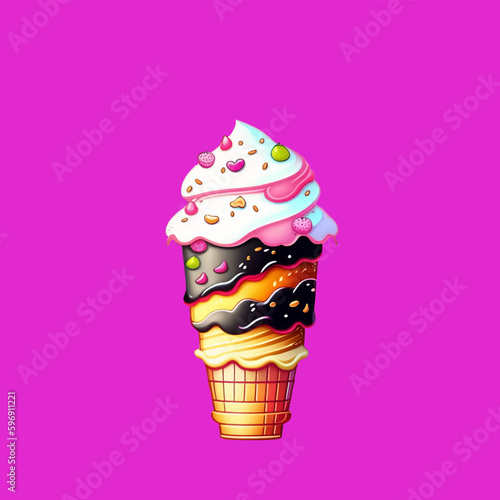 Cartoon popsicles in a waffle cup on a pink background. Vector illustration