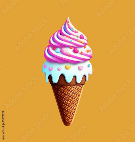 Cartoon popsicles in a waffle cup close-up on a yellow background. Vector illustration