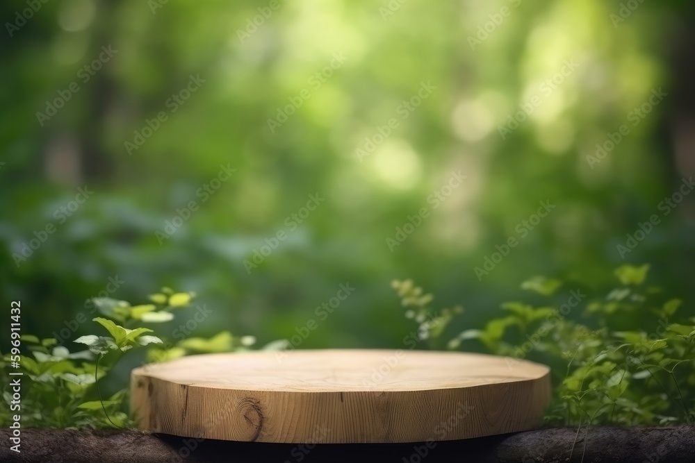 Empty round wooden podium for product display. Outdoor sunlit forest setting for natural, organic, spa, aroma, health, care, cosmetic, beauty background - Generative AI Empty round wooden podium for product display. Outdoor sunlit forest setting for natural, organic, spa, aroma, health, care, cosmetic, beauty background - Generative AI