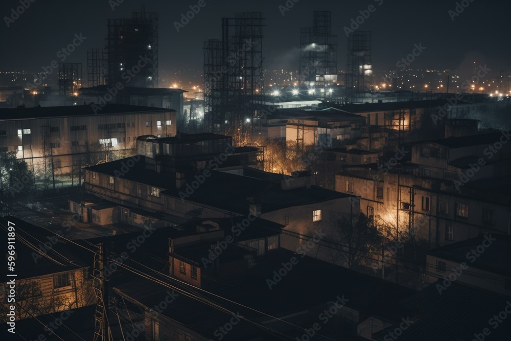 Factory chimneys and greens in an industrialized city at night. Generative AI