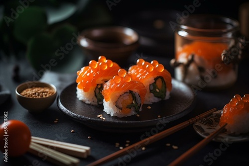 Tela A dish of salmon roe on a bed of rice and a sushi roll containing salmon roe