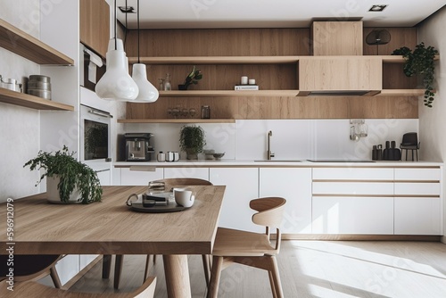 Kitchen with a white and wooden color scheme and a matching table. Generative AI