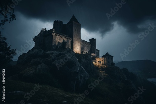 Medieval fortress shrouded in darkness and mystery with supernatural elements. Generative AI