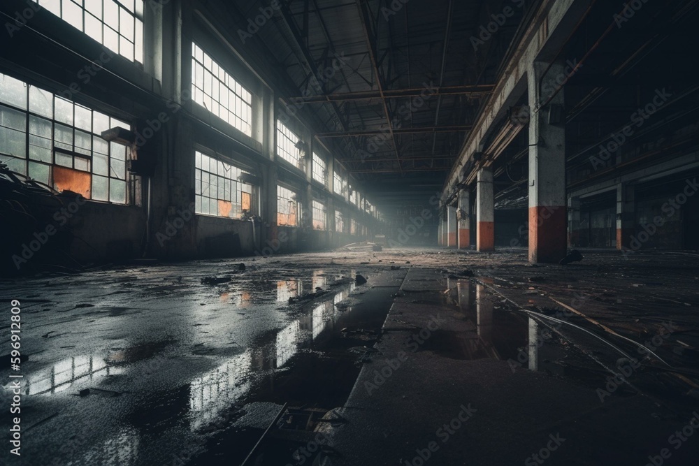 A large, abandoned factory's dark interior with windows casting light on wet floor. Generative AI