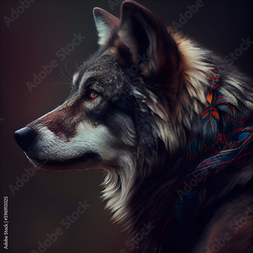 Portrait of a wolf in a scarf on a dark background.