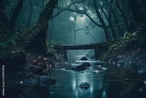 serene stream flowing through a dense green forest. Generative AI