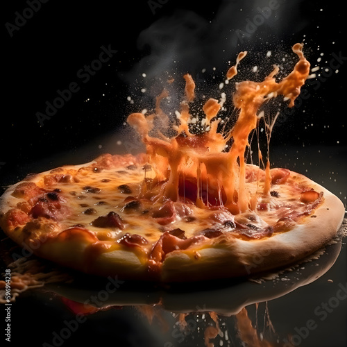 Pizza with pepperoni and mozzarella on a black background