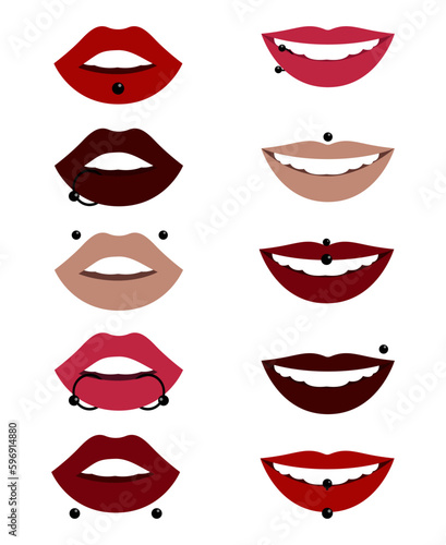 Set of isolated flat vector illustrations of lips with piercing, Piercing set, Steel rings pierced in lips