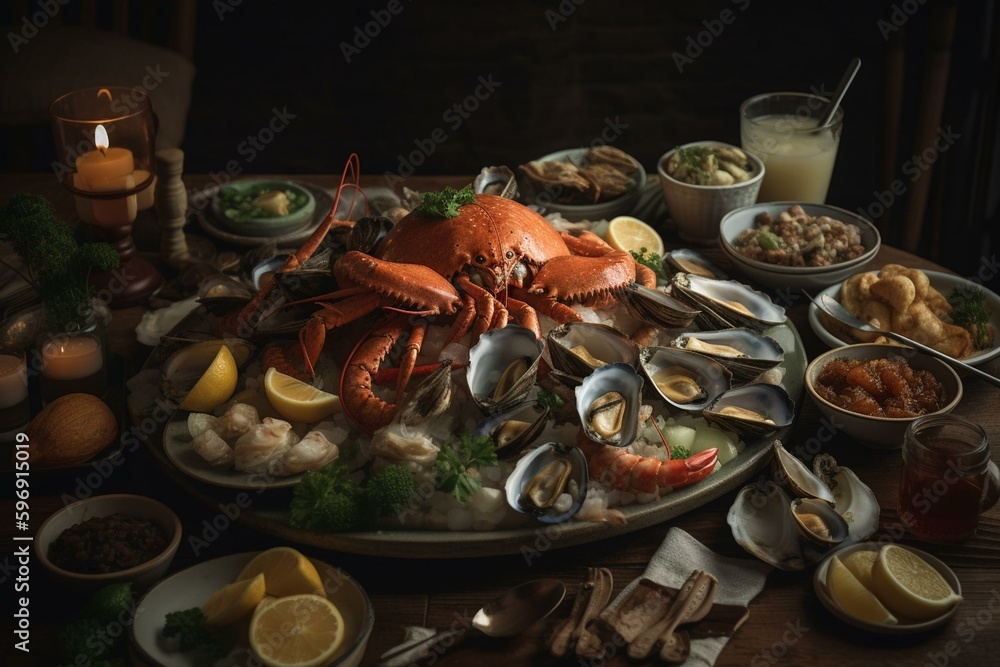 Seafood platter with sauce, lemon, parsley. Generative AI