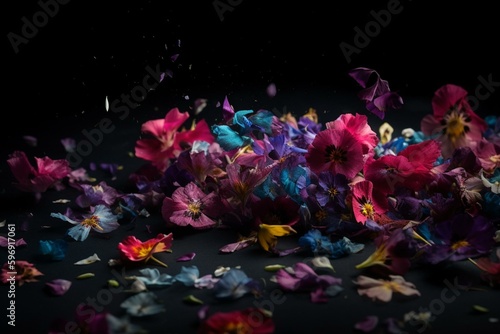 Petals and flowers dispersed on black. Generative AI