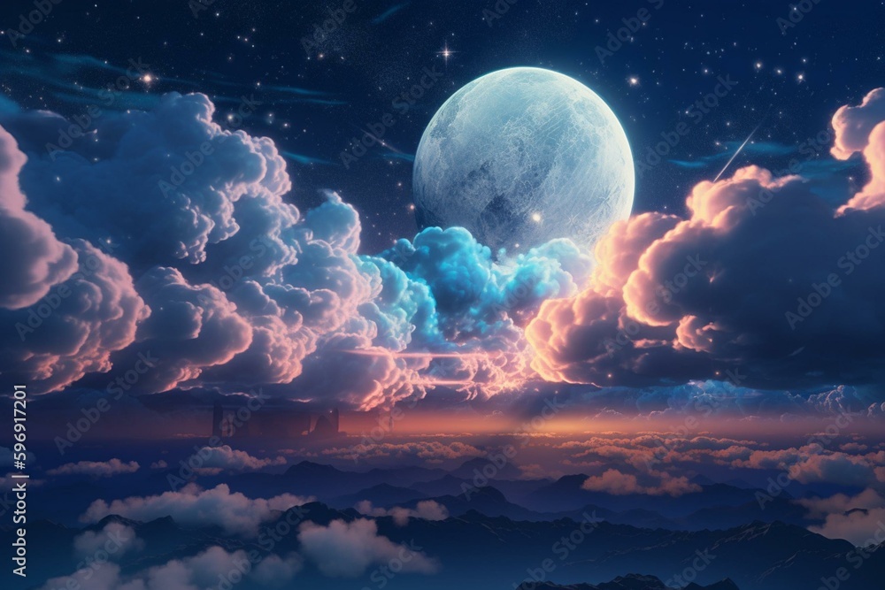 Anime night sky wallpaper featuring moon, stars, and clouds in pastel