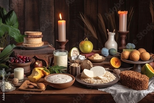 festive table filled with food and candles. Generative AI