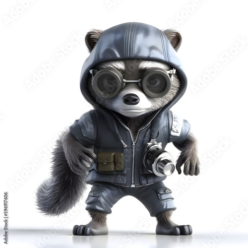 3d illustration of a cartoon raccoon wearing a motorcycle helmet.