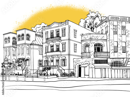 Nice Old street in Tel Aviv, Israel. Ink line sketch. Hand drawing. Vector illustration on  yellow background.