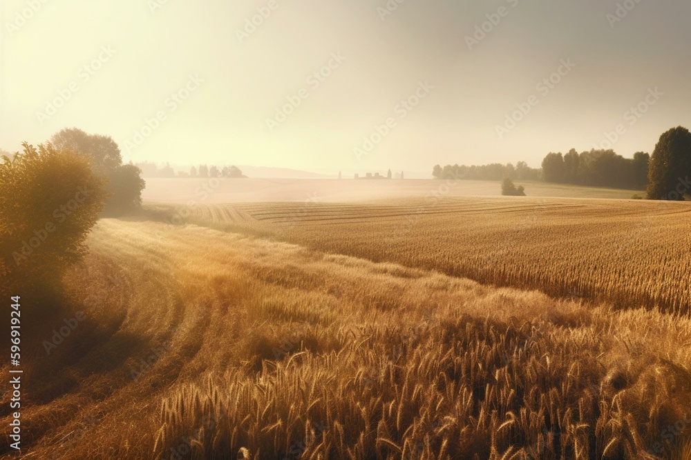 Autumn rural landscape with wheat fields in the foreground. Raster image. Generative AI
