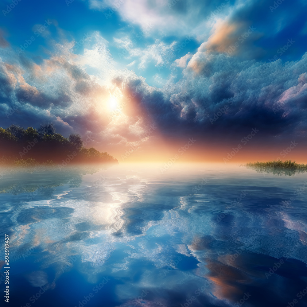 sky in heaven wallpaper, clouds under the sky in the ocean view of heaven, sparkling water reflections. Generative Ai. 
