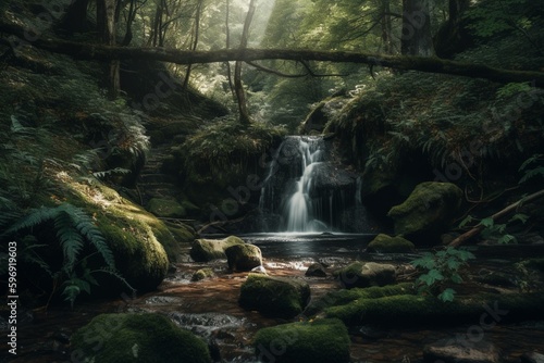 A stunning woodland waterfall. Generative AI