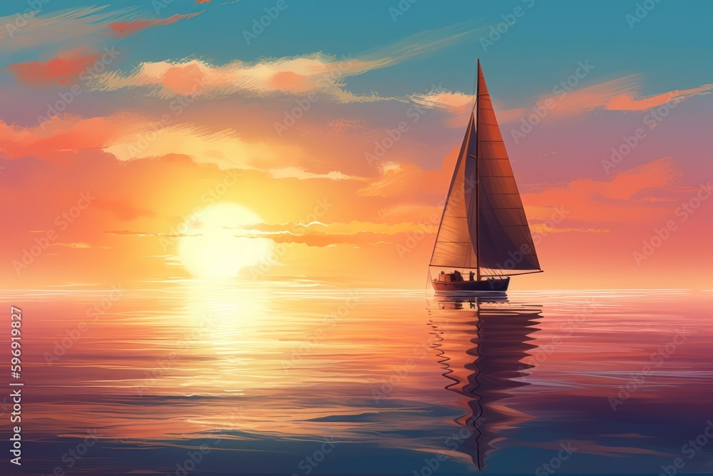  serene image of a sailboat gliding on calm ocean waters under a captivating sunset, symbolizing peace, solitude, and the beauty of a nautical journey during the golden hour.