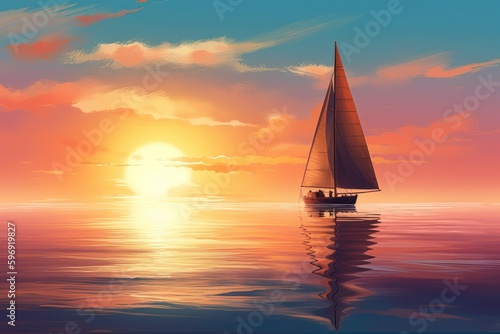  serene image of a sailboat gliding on calm ocean waters under a captivating sunset, symbolizing peace, solitude, and the beauty of a nautical journey during the golden hour.