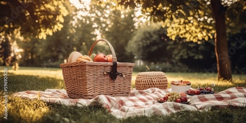 sunlit picnic basket park, picnic scene unfolds in a sunlit park, with a wicker basket brimming with fresh fruits, sitting atop a checkered blanket amidst the gentle shade of trees.