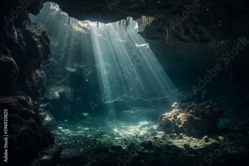 Cave located under water. Generative AI