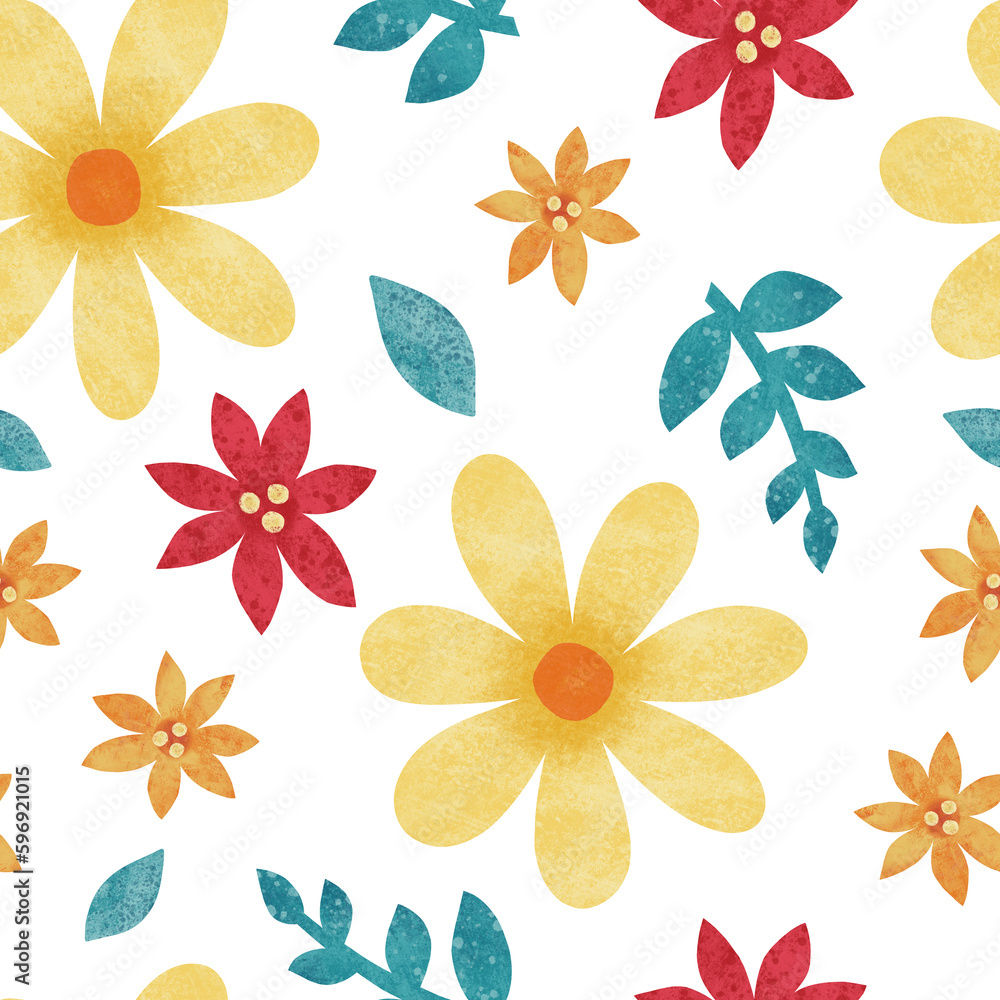 Yellow and red floral seamless pattern. Big and small watercolor flowers on white background. Raster allover print