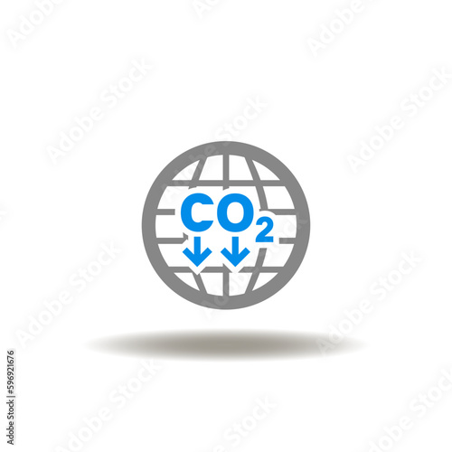 Vector illustration of earth planet or globe with CO2 and arrows down. Icon of reduce carbon dioxide. Symbol of reduction environmental pollution.