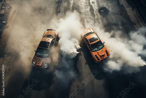 Aerial view of two cars battling with drifts on an asphalt race track with abstract smoke. Generative AI
