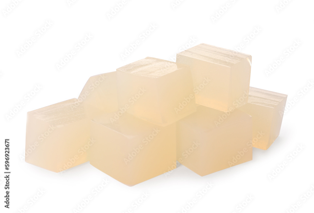 Many agar-agar jelly cubes on white background