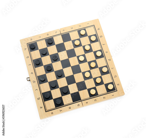 Wooden checkerboard with game pieces isolated on white, top view