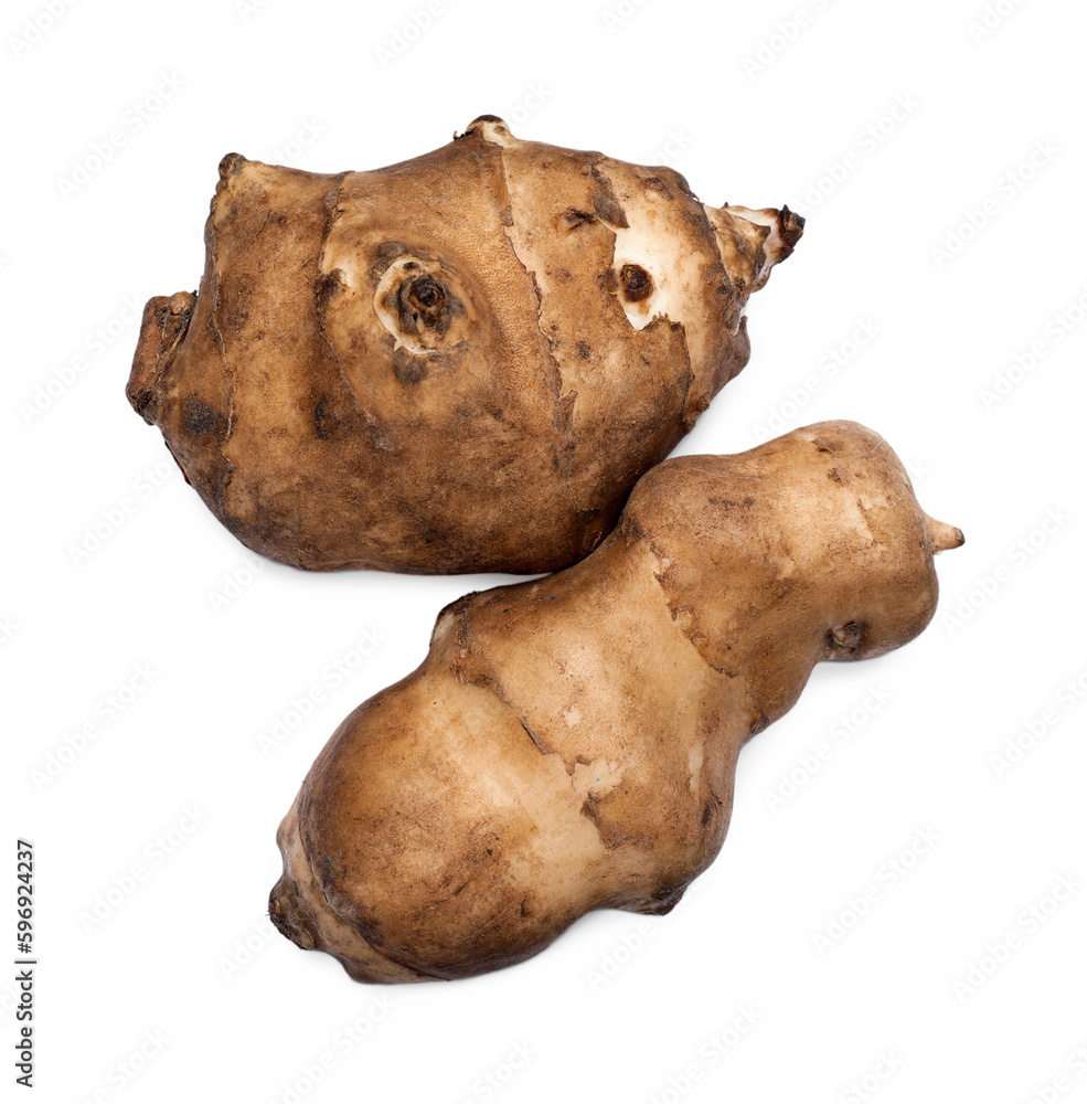 Jerusalem artichokes isolated on white, top view Jerusalem artichokes isolated on white, top view