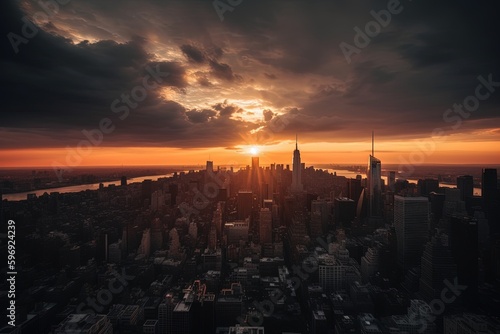 Breathtaking aerial view of the city skyline at sunset