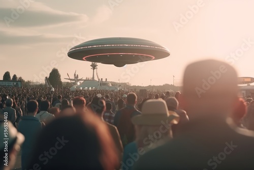 ufo at an 80s crowd. Generative AI photo