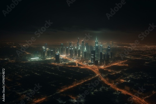 Night skyline of Riyadh, featuring the Kingdom Centre and Burj al-Mamlaka. Generative AI photo