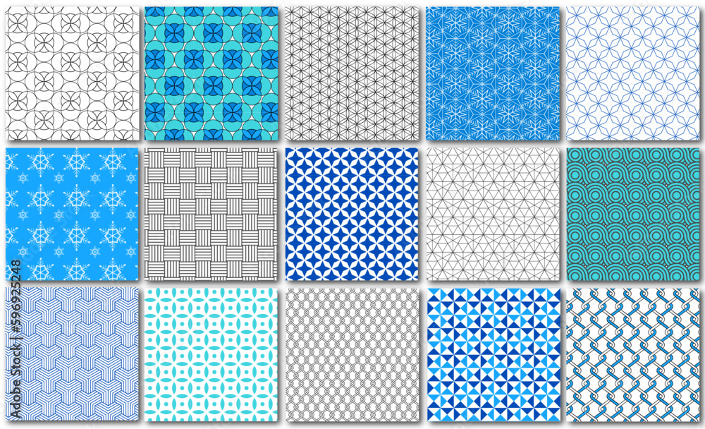 Simple geometric seamless pattern set in black and shades of blue. Stars, snowflakes, swirls, fence and abstract designs for backgrounds. Vector illustation swatches. Simple geometric seamless pattern set in black and shades of blue. Stars, snowflakes, swirls, fence and abstract designs for backgrounds. Vector illustation swatches.