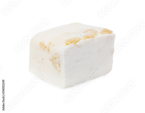 Piece of delicious nougat on white background