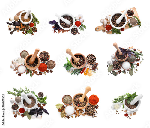 Fototapeta Naklejka Na Ścianę i Meble -  Mortars with spices and herbs on white background, collage design