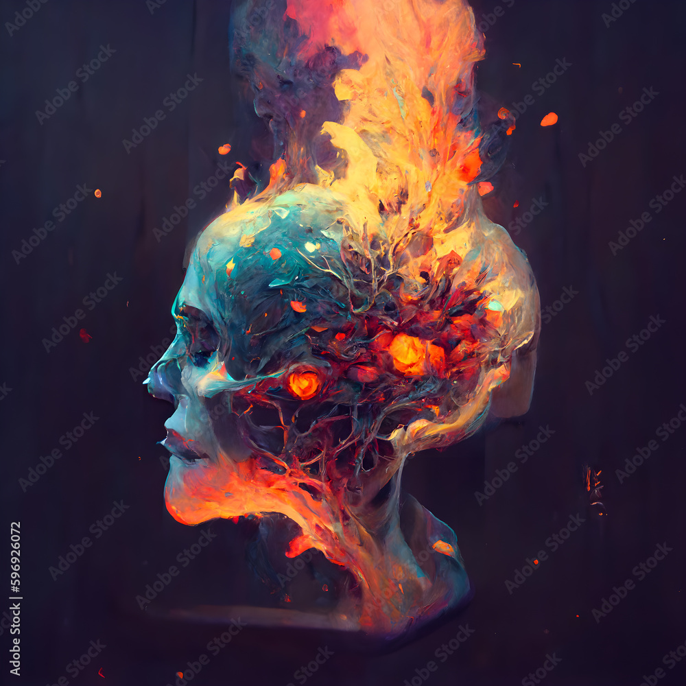 Digital painting of a human head with fire flames on a dark background