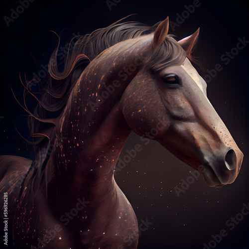 Horse portrait in black background. Digital art painting. 3D rendering