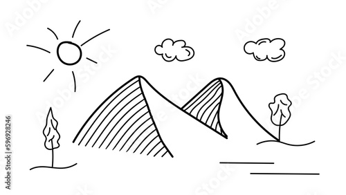 Hand drawing mountain landscape. Nature landscape vector illustration in doodle style with mountains, trees, sun, sky and clouds.