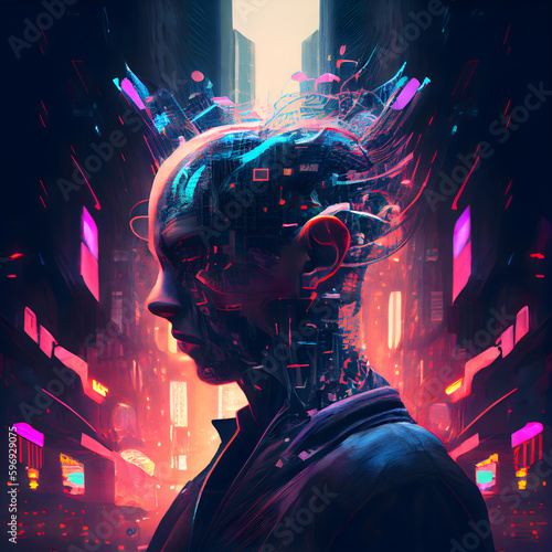 Futuristic cyborg head in futuristic city. 3D rendering